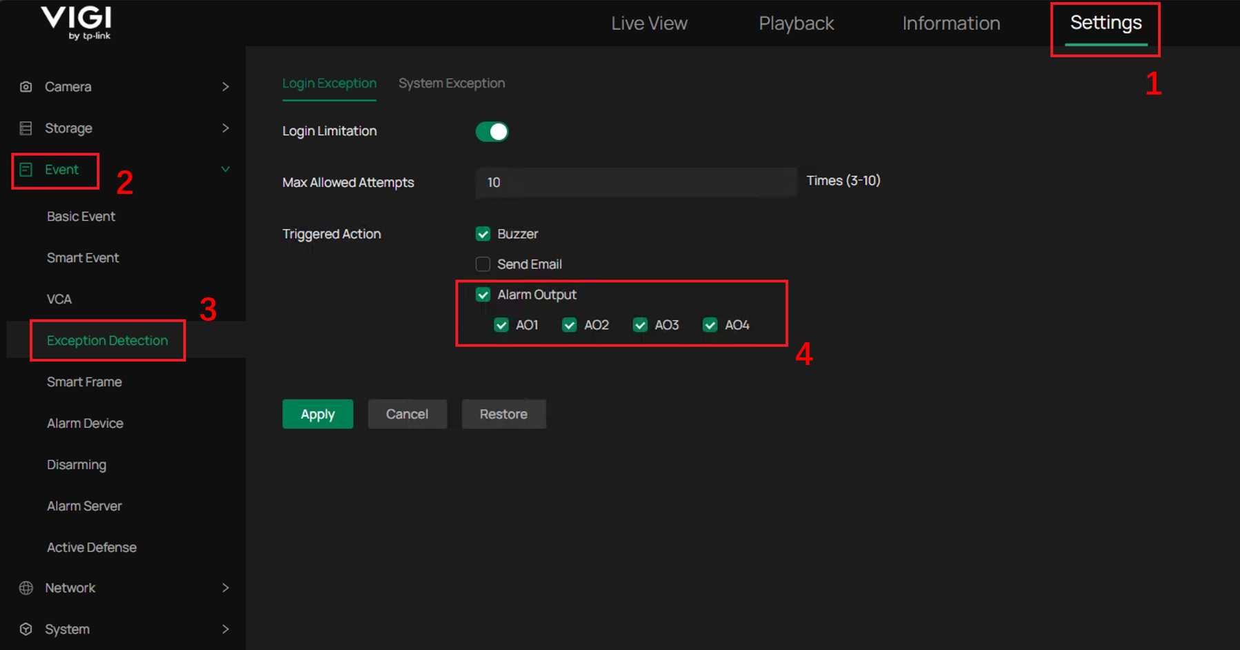 Alarm Output selecting page in Settings> Event > Exception Detection