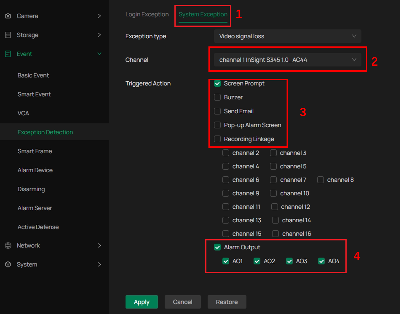 System Exception configuration page.