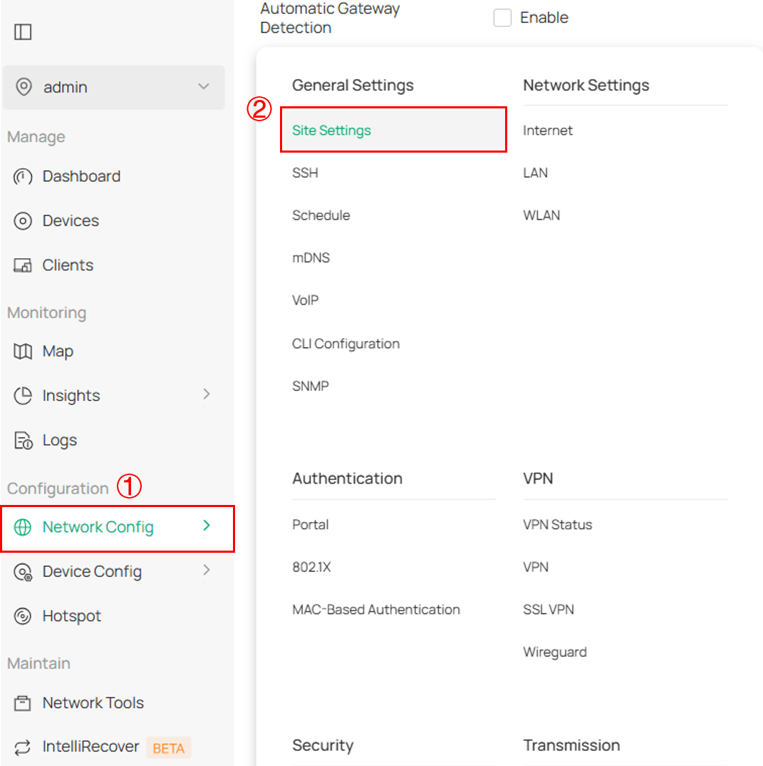 The position of Site Settings.