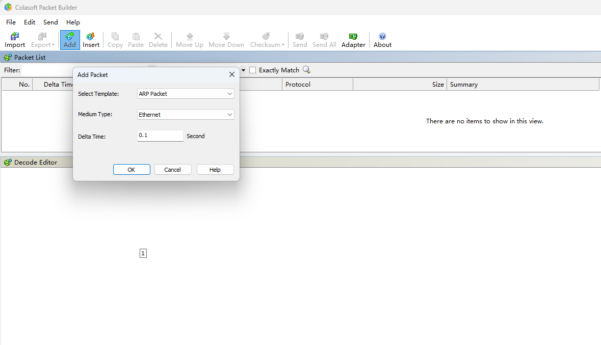 Add Packet in Colasoft Packet Builder.