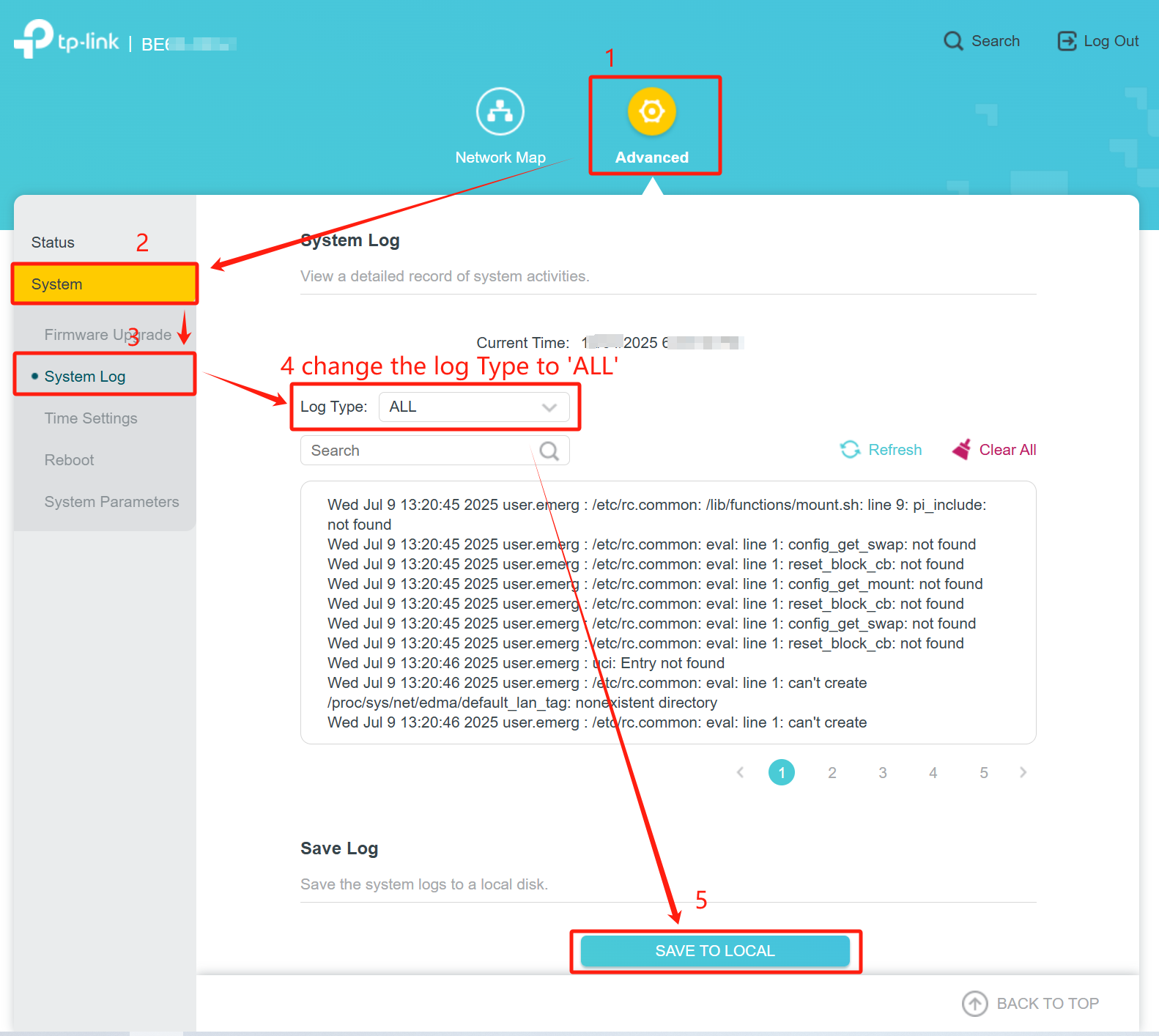 The method for exporting the Deco device log from the web management page.