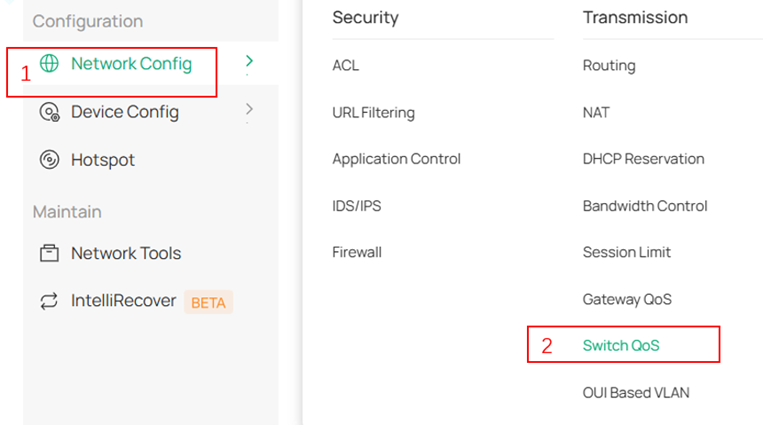 Screenshot of a network configuration interface showing that Switch QoS is located under Configuration > Network Config > Transmission > Switch QoS.