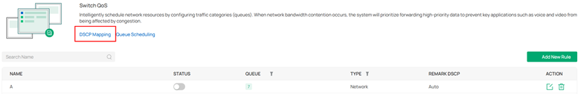 Screenshot of the Switch QoS configuration interface showing DSCP Mapping at the top of the Switch QoS settings page, next to Queue Scheduling.
