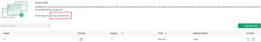 Screenshot of the Switch QoS interface showing Queue Scheduling as a clickable link located at the top of the configuration section.