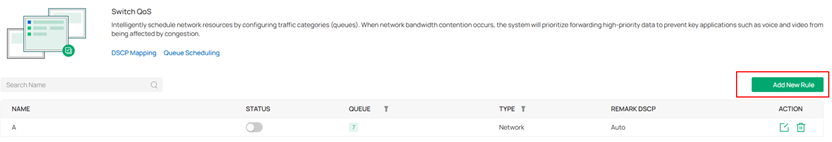 Screenshot of the Switch QoS interface showing the “Add New Rule” button located at the top right of the rule table.