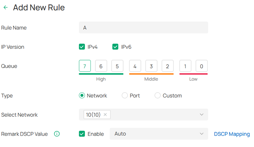 Screenshot of the Add New Rule interface showing “type set to Network”, which includes elements such as Rule Name, IP Version, Queue selection (0–7), Select Network, and Remark DSCP Value.