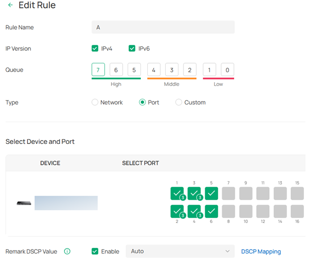 Screenshot of the Edit Rule interface with “type set to Port”, showing selectable device ports as well as available LAGs that can be chosen for the rule.