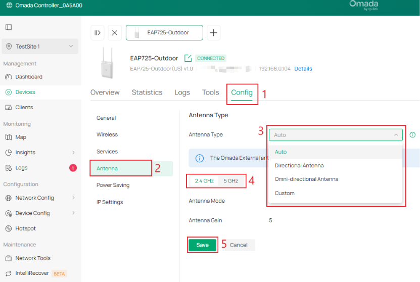 The Antenna settings for the Omada EAP Device.