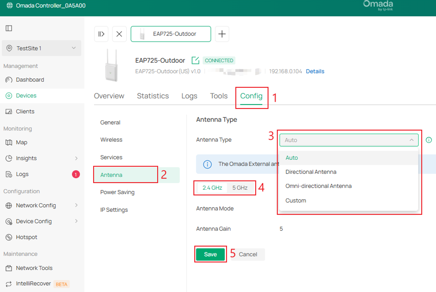 Navigating to the Manage Device settings within the Omada Controller. 