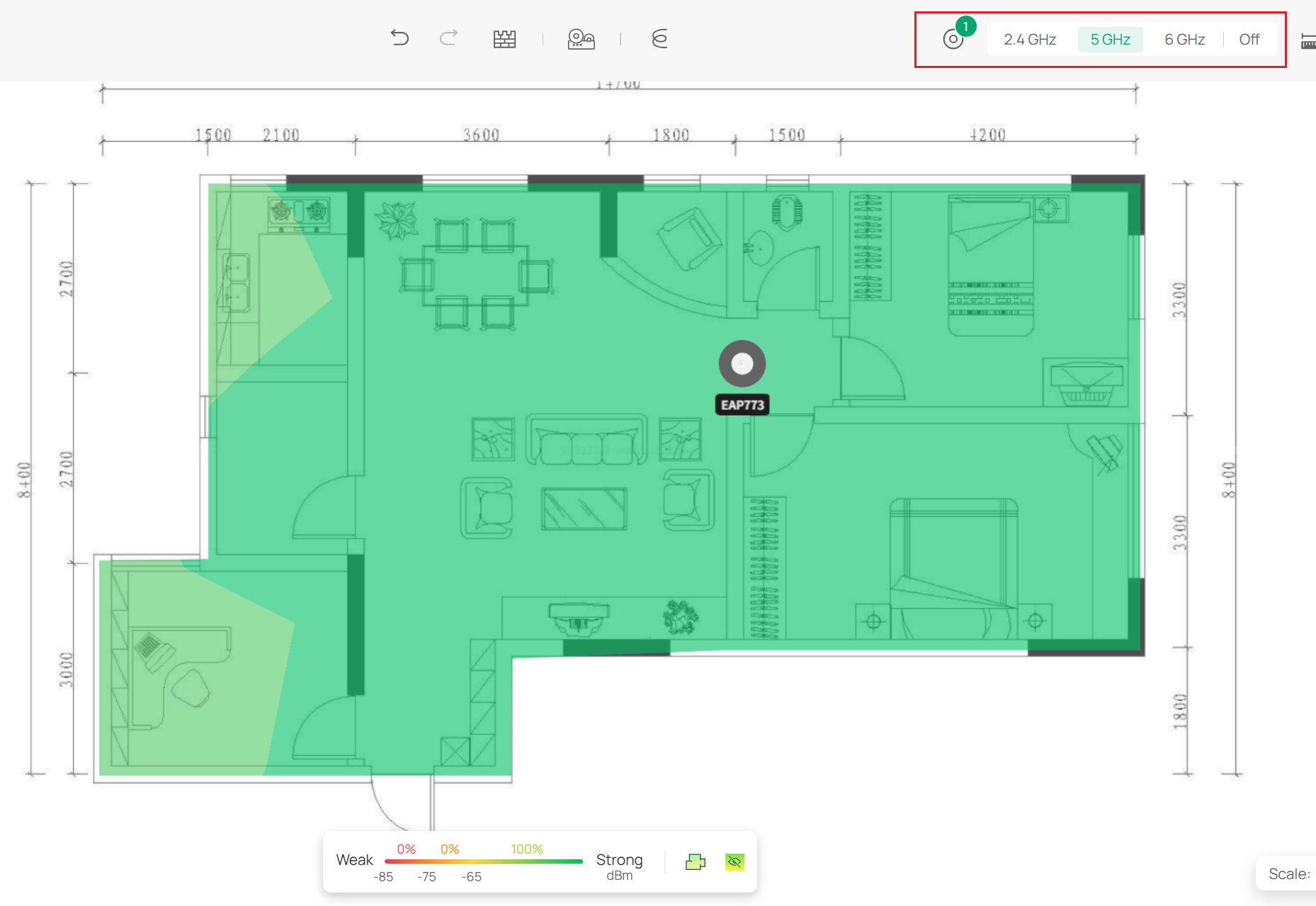 Band selecting tab at the upper right of the floor plan page.