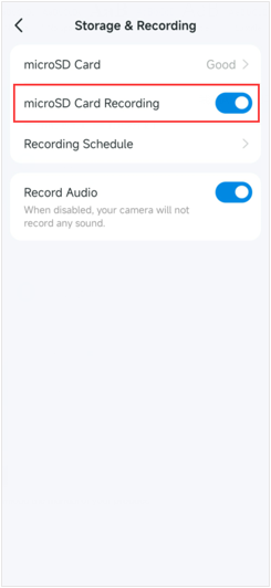 MicroSD card Recording on/off button in storage and recording function.
