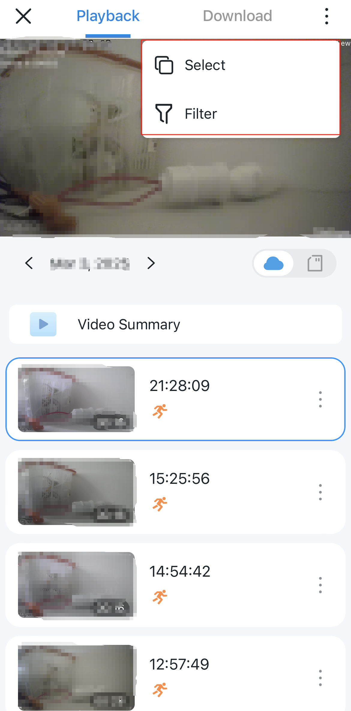 The location of select and filter function at the top right corner.