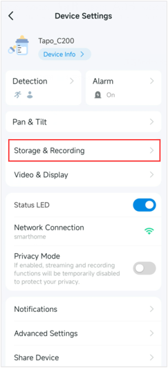 Location of storage and recording function in camera setting’s page.