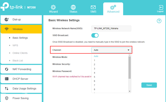 The wifi channel setting on the device Web management page.