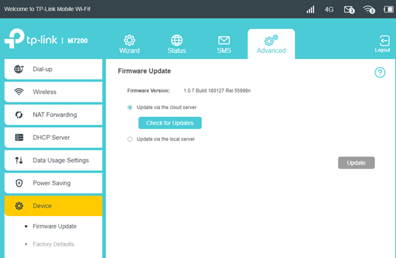 The firmware update setting on the device Web management page.