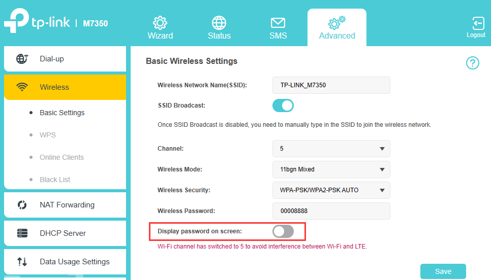 The “Display password on screen” function on the web management page of the 4G MiFi.