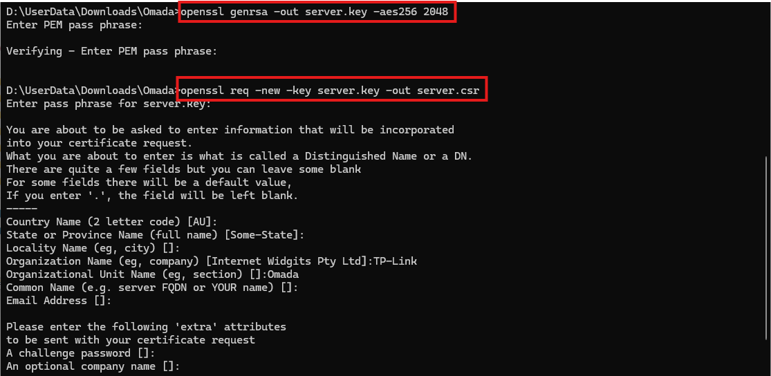 Screenshot of a terminal running an OpenSSL command to generate a RSA server key and certificate signing request.