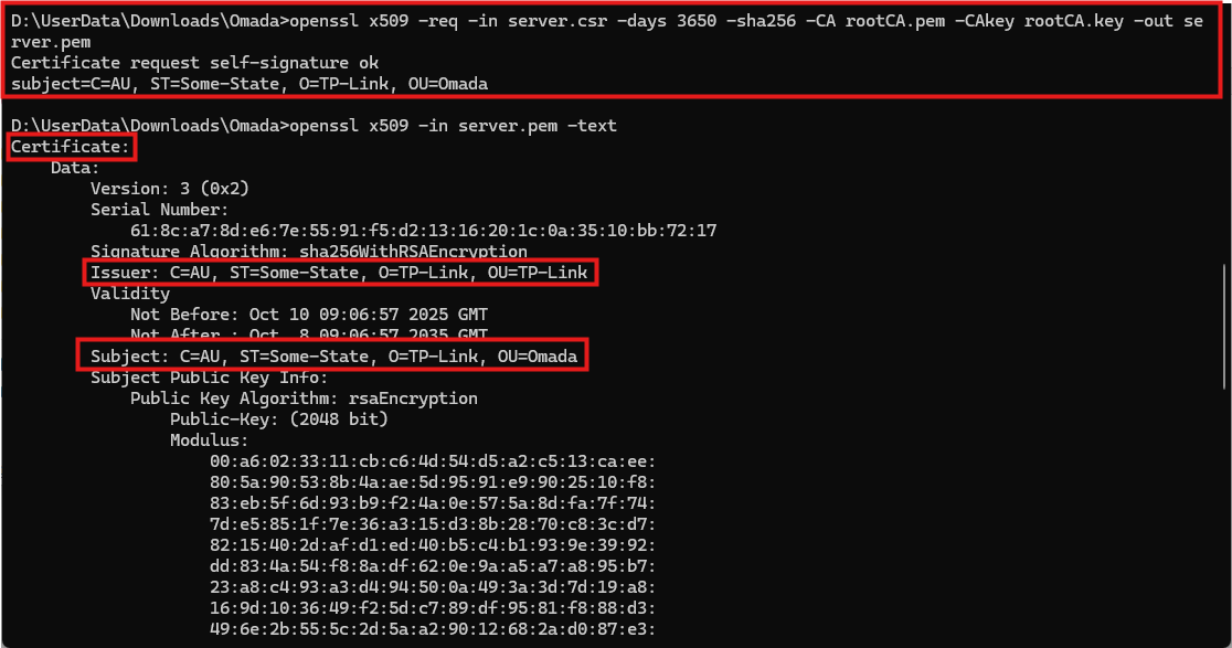 Screenshot of a terminal running an OpenSSL command to issue a RADIUS server certificate and inspect the contents of the certificate.