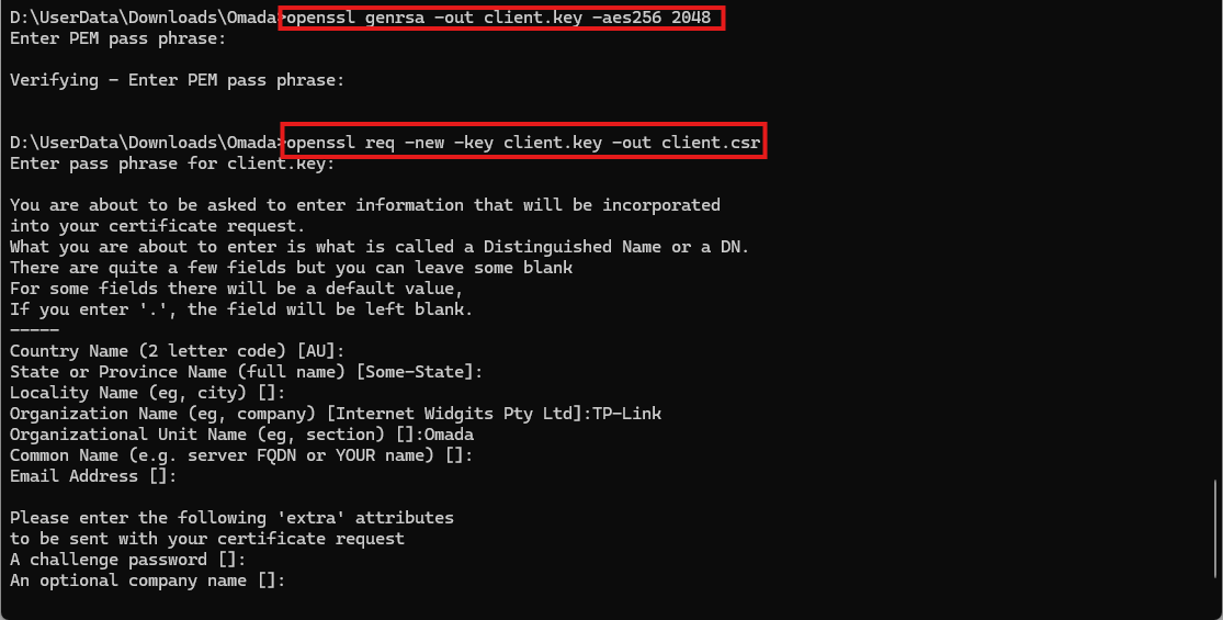 Screenshot of a terminal running an OpenSSL command to generate a RSA client key and generate a certificate signing request.