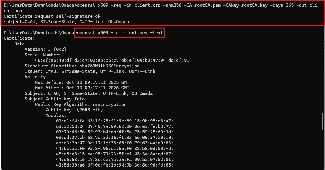 Screenshot of a terminal running an OpenSSL command to issue the certificate and inspect the contents.