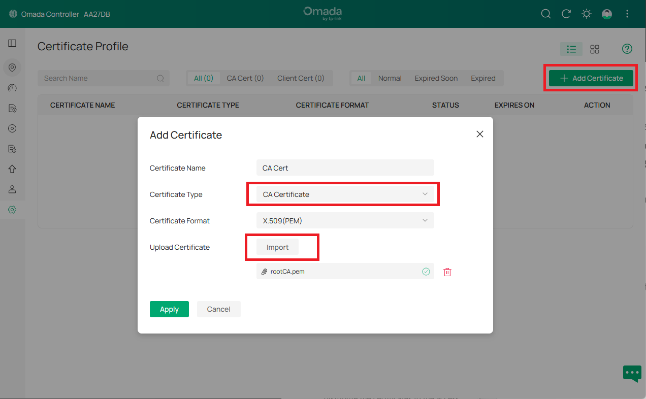 Screenshot of the Certificate Profile section in Omada Controller, showing the interface for uploading a Certificate Authority certificate.