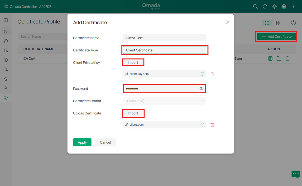 Screenshot of the Certificate Profile section in Omada Controller, showing the interface for uploading a Client certificate.