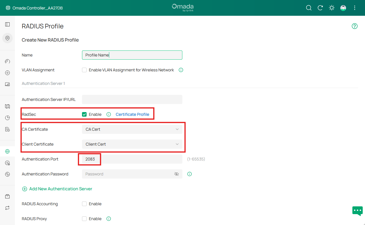 Screenshot of the RADIUS Profile section in Omada Controller, showing the interface for CA Certificate and Client Certificate.