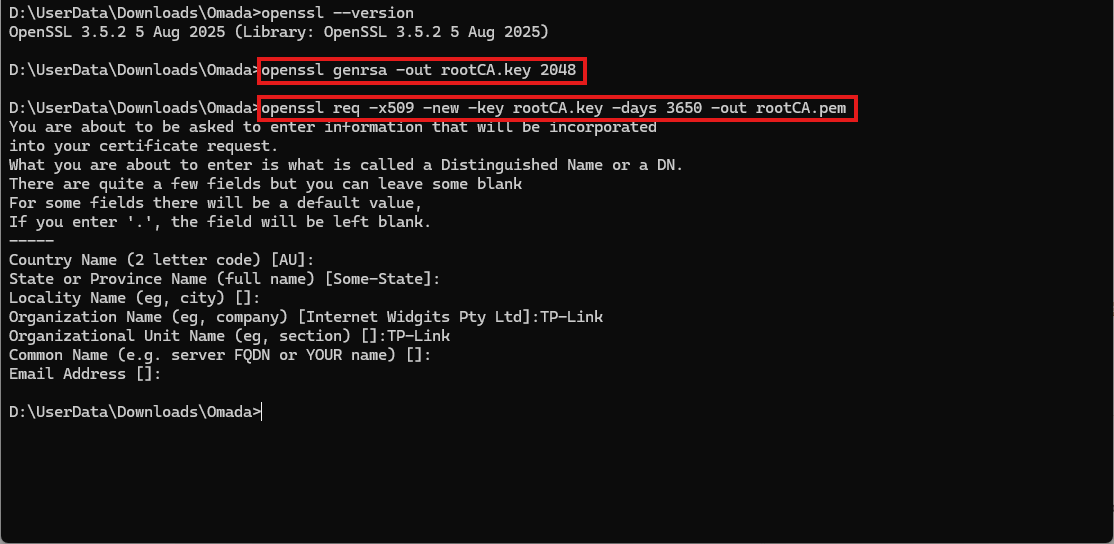 Screenshot of a terminal running an OpenSSL command to generate a key and a certificate.