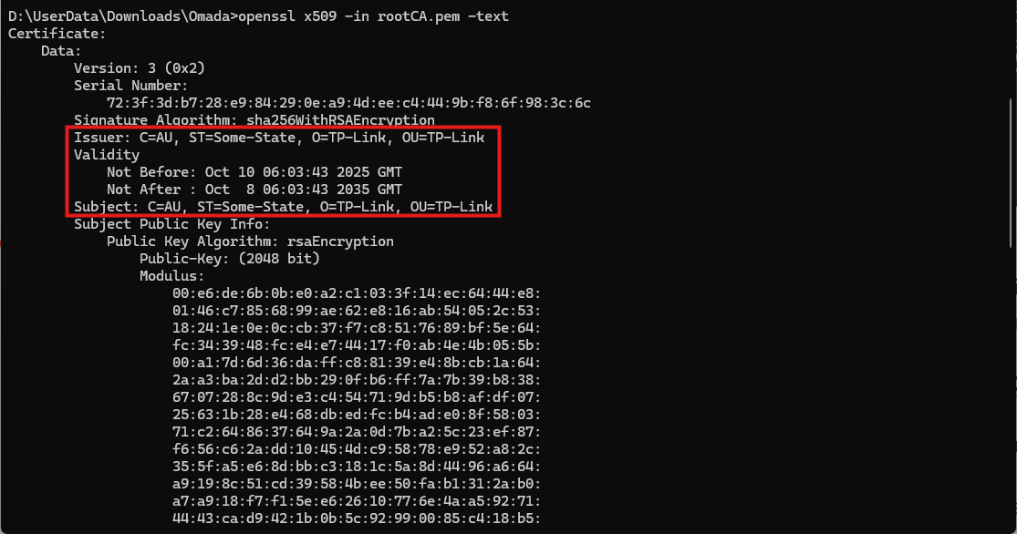 Screenshot of a terminal running an OpenSSL command to inspect the contents of a Certificate Authority certificate.