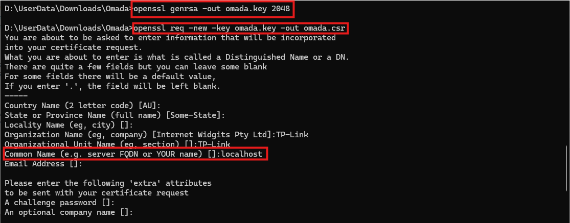 Screenshot of a terminal running an OpenSSL command to generate a server key and a certificate signing request.