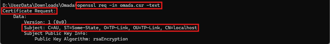 Screenshot of a terminal running an OpenSSL command to inspect the details of the certificate signing request.