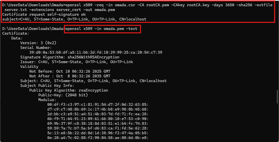 Screenshot of a terminal running an OpenSSL command to issue the certificate and inspect the contents of the certificate.