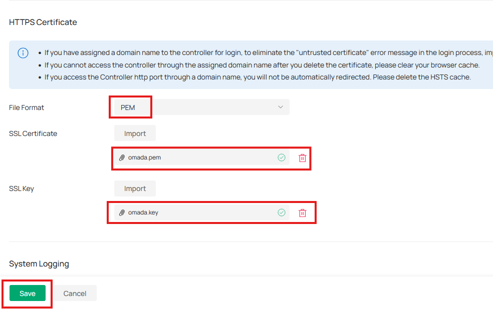 Upload certificate and key in the Omada controller HTTPS Certificate settings.