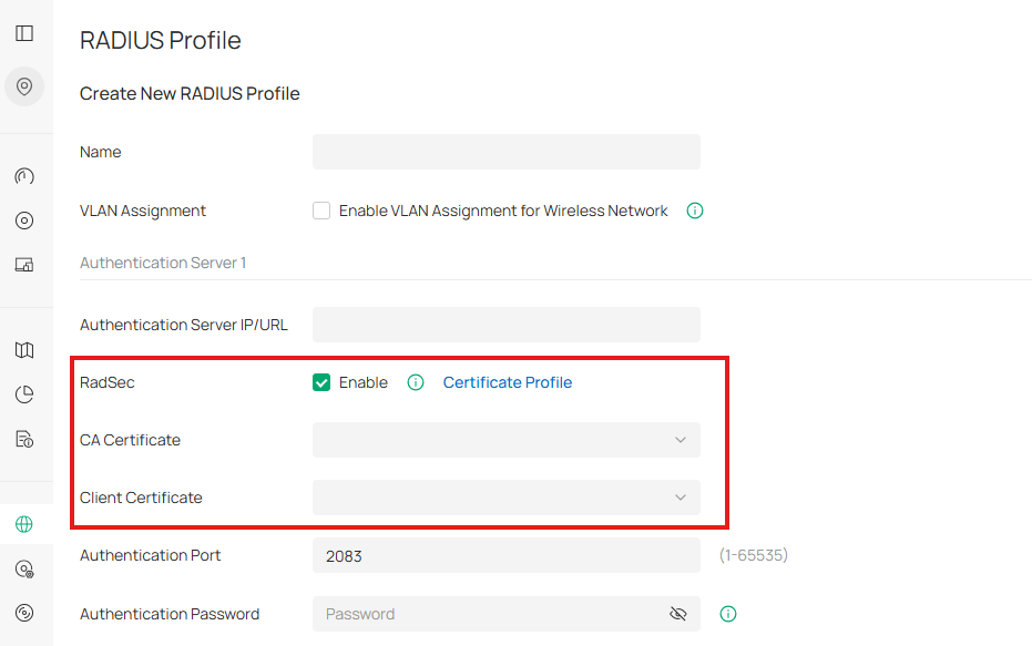 Screenshot showing the RadSec feature enabled within the RADIUS Profile.