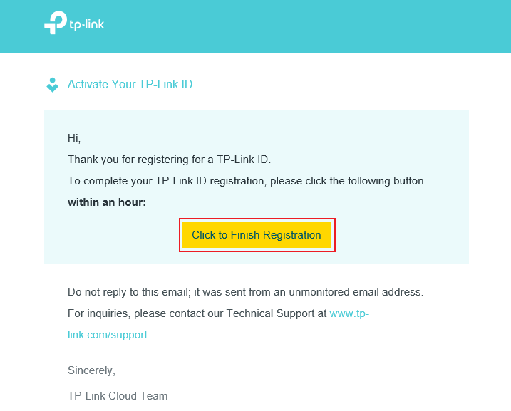 A sample of activation email, showing the position of Click to Finish Registration.