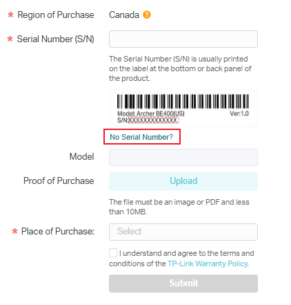 Locate the option for no serial number in the product registration process.  
