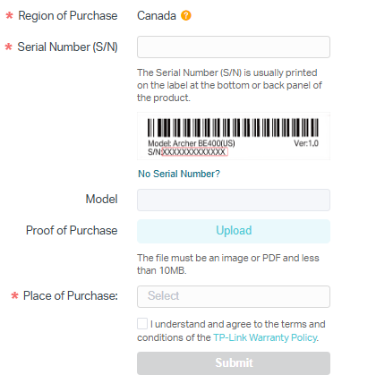 Web screen displays the information required for register a product.   