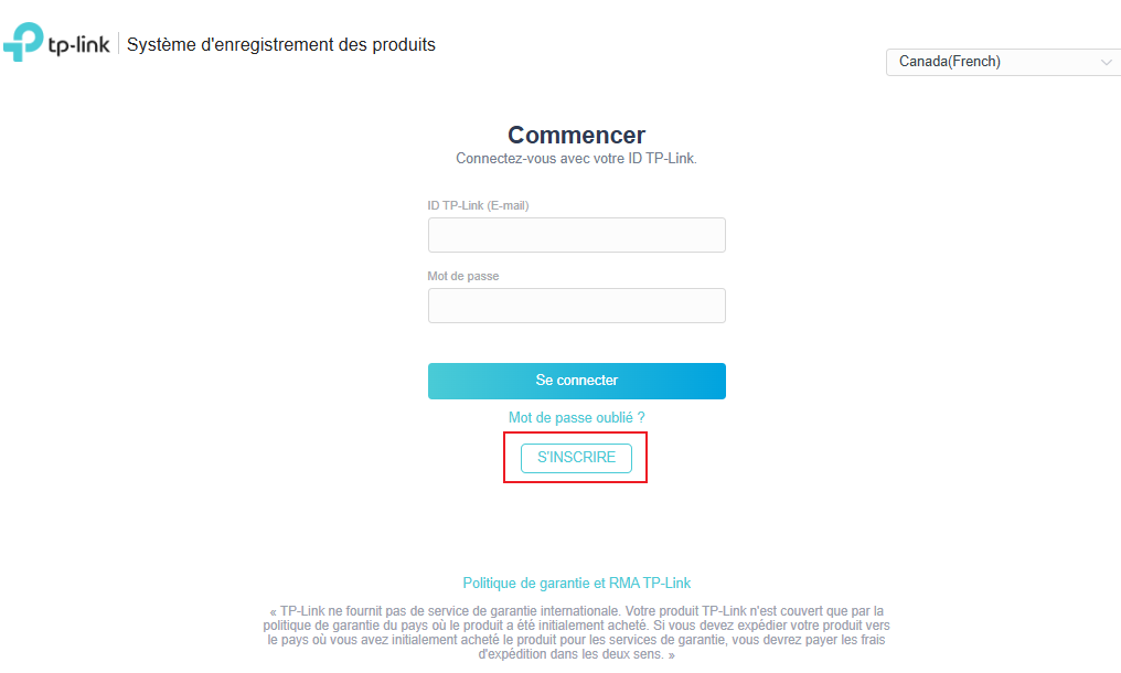 Écran Web montrant le bouton S’INSCRIRE.