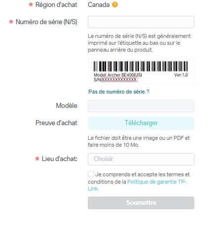 Écran Web affichant les informations requises pour enregistrer un produit.