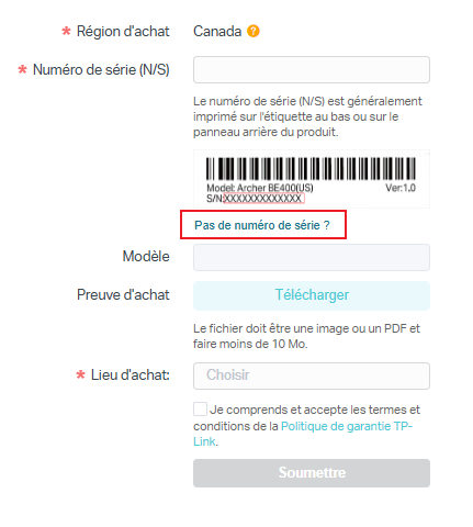 Localiser l’option pour l’absence de numéro de série dans le processus d’enregistrement.