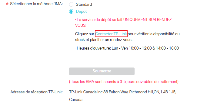 L’écran Web affiche l’emplacement de l’option Contacter TP-Link.