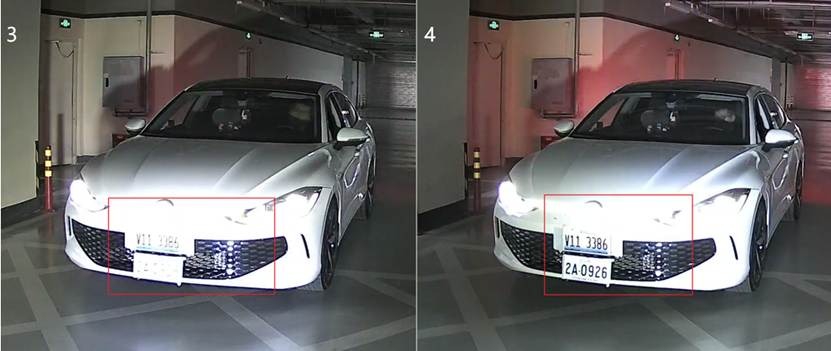 Figure 3 shows an example where the fill light is installed at an improper angle, resulting in suboptimal illumination of the license plate. Figure 4 demonstrates enhanced license plate visibility after optimizing the fill light angle.