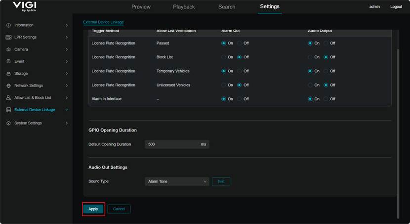Show Apply button for saving External Device Linkage.