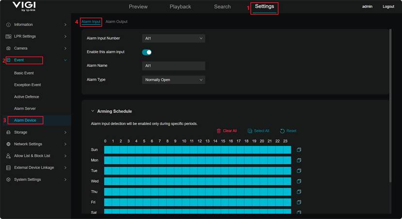 Show Alarm Imput Settings.