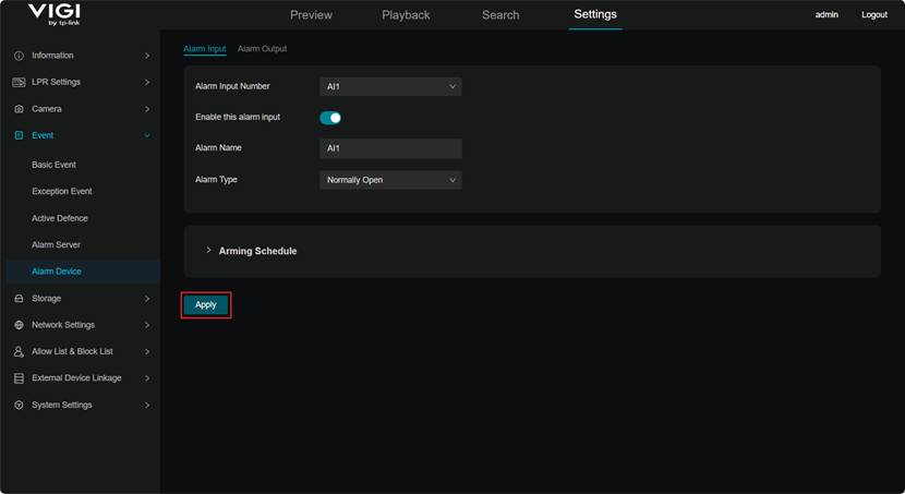 Show Apply button for saving Alarm Input configuration.