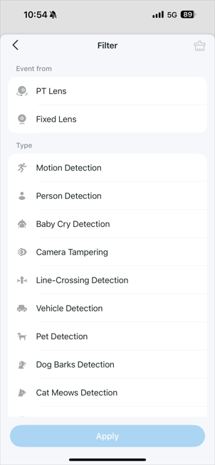 Filter page displaying event detection and lens options.