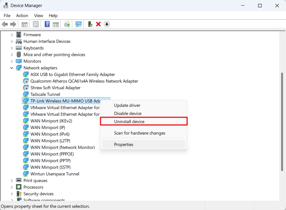Windows Device Manager screenshot showing the right-click context menu for the 'TP-Link Wireless MU-MIMO USB Adapter' under Network adapters, with the 'Uninstall device' option highlighted in a red box.