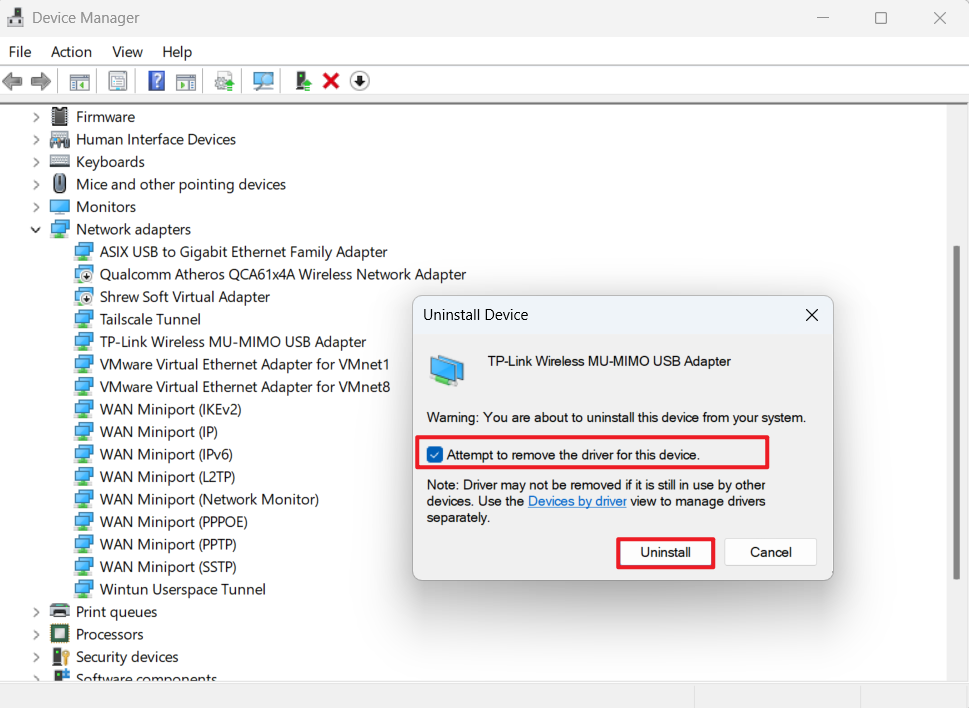 A confirmation dialog box titled 'Uninstall Device' in Windows Device Manager for the TP-Link adapter. The checkbox option 'Attempt to remove the driver for this device' is visible and selected, with 'Uninstall' and 'Cancel' buttons below.