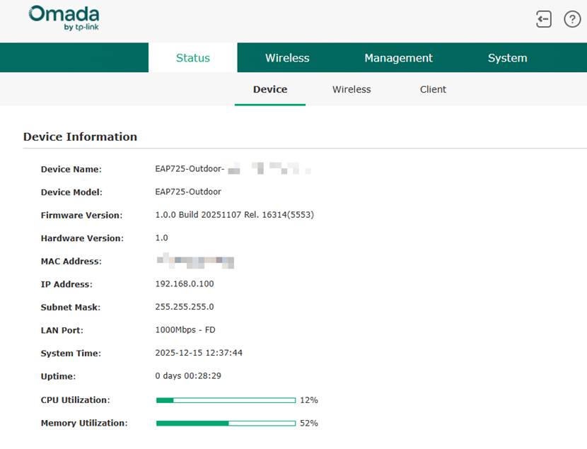 Inside the device Web GUI – ready for configuration.