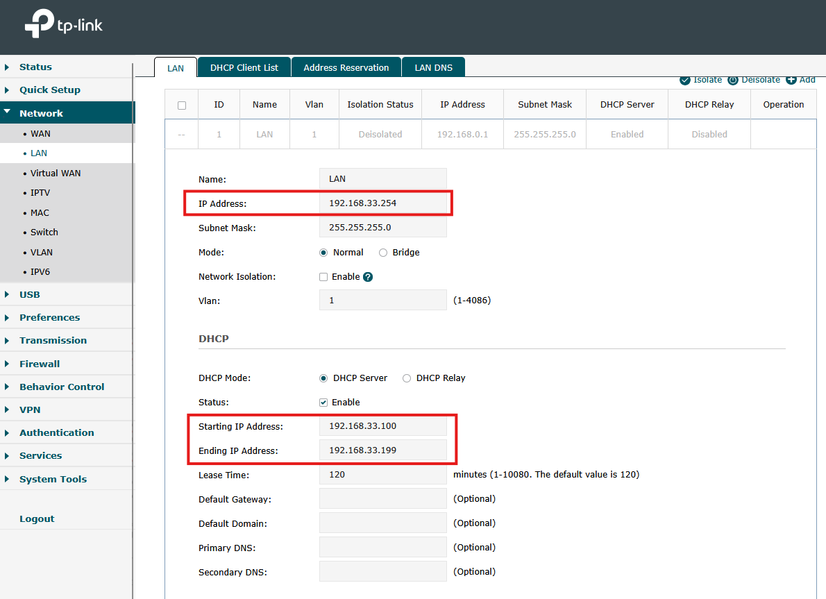 screenshot of the Omada gateway in standalone mode showing how to change/adjust the IP address and DHCP pool of the default VLAN.